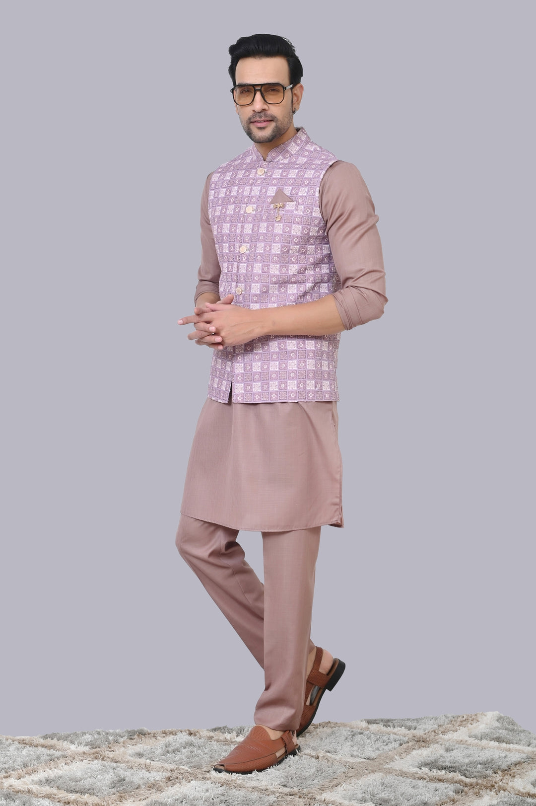 Checked Purple Jacket Kurta Set - JM38226-720E