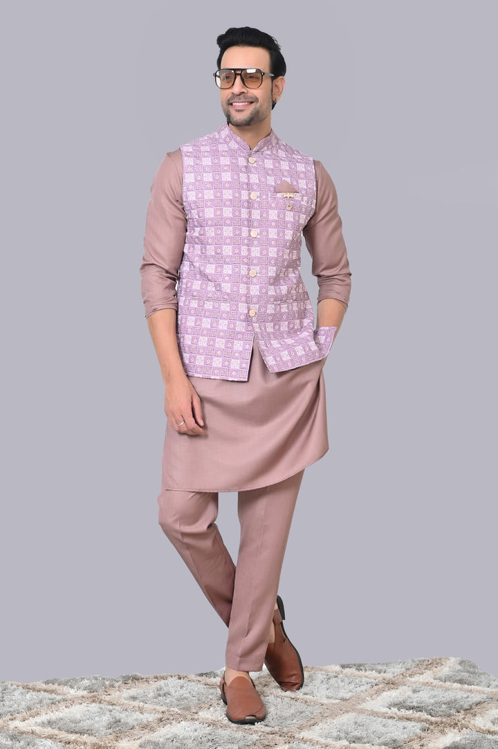 Checked Purple Jacket Kurta Set - JM38226-720E