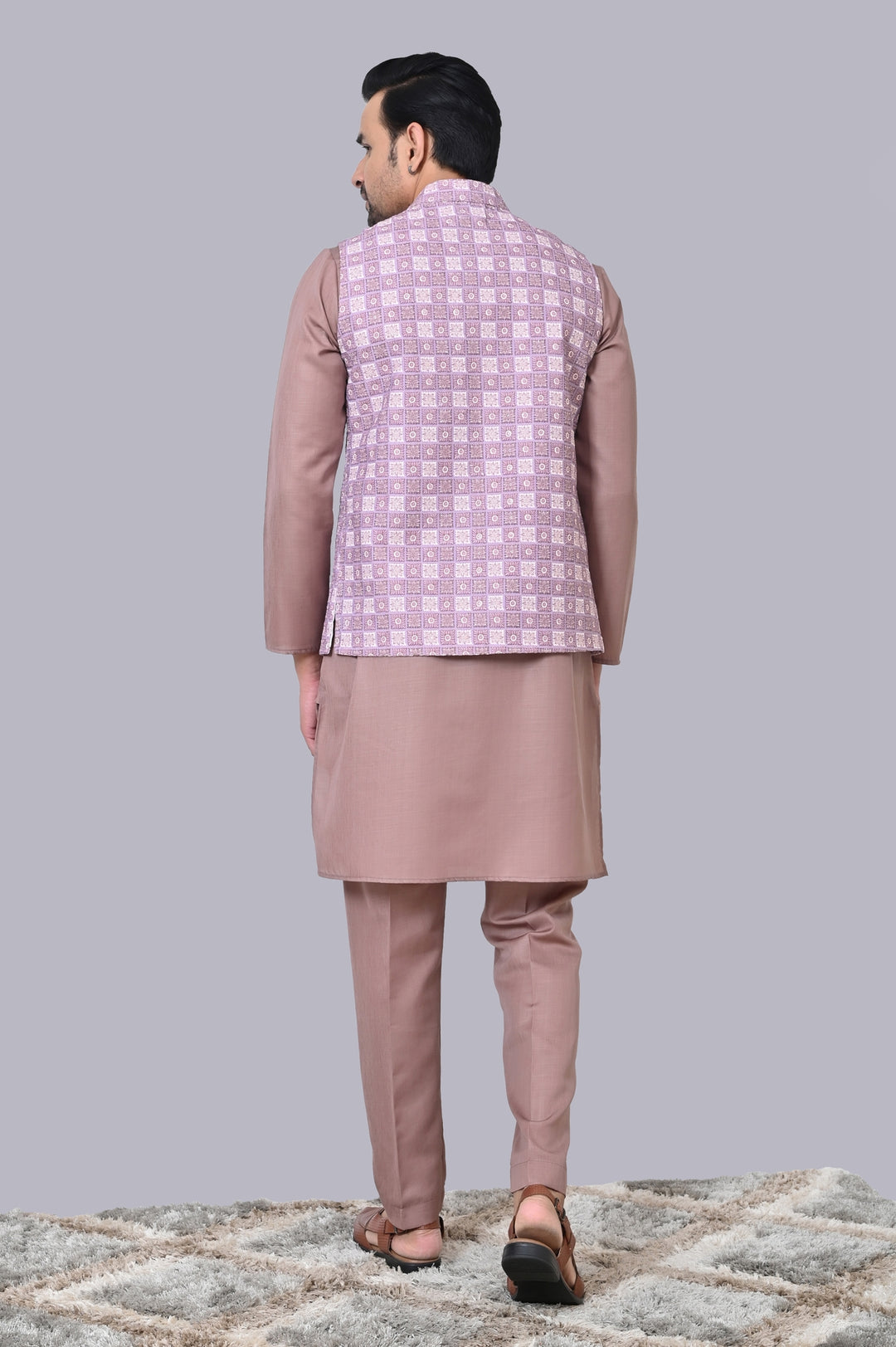 Checked Purple Jacket Kurta Set - JM38226-720E