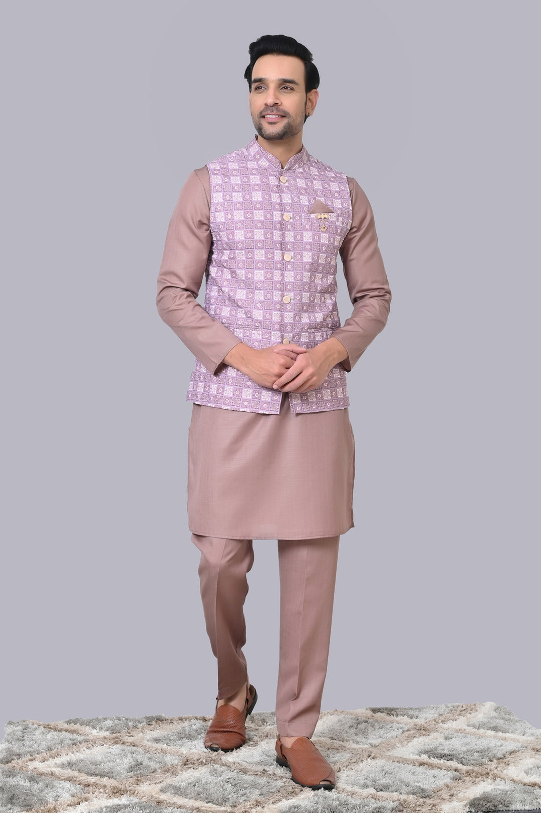 Checked Purple Jacket Kurta Set - JM38226-720E