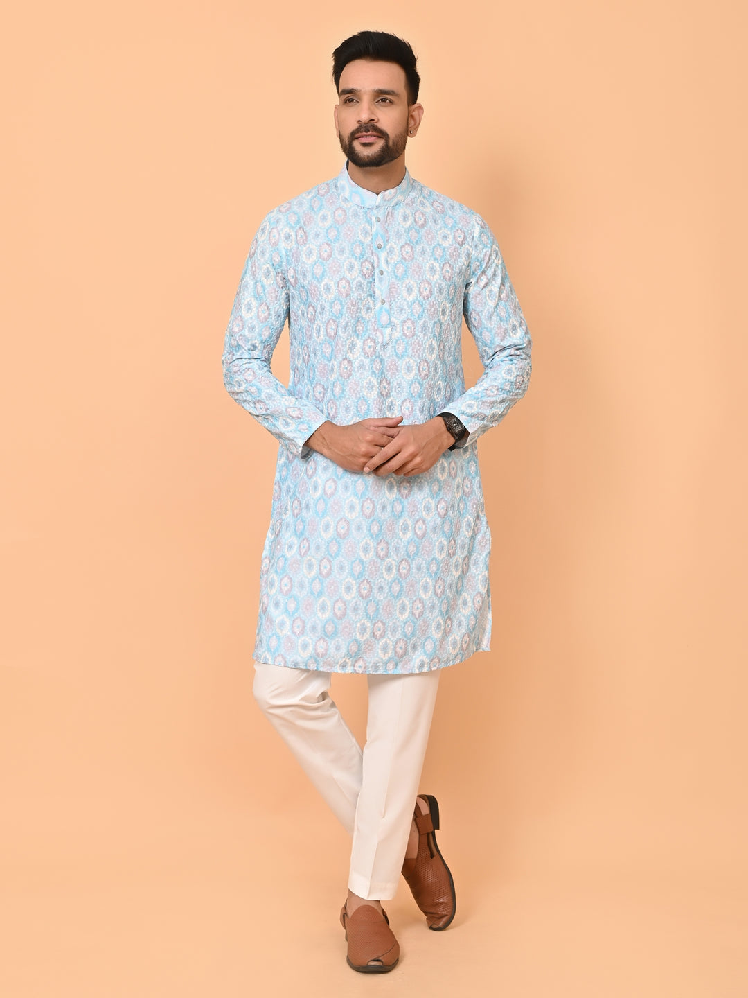 Printed Chikan Blue Kurta Set - KM38181-7