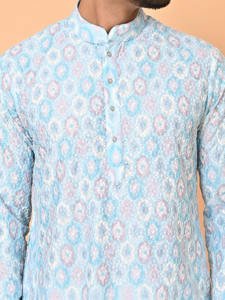 Printed Chikan Blue Kurta Set - KM38181-7