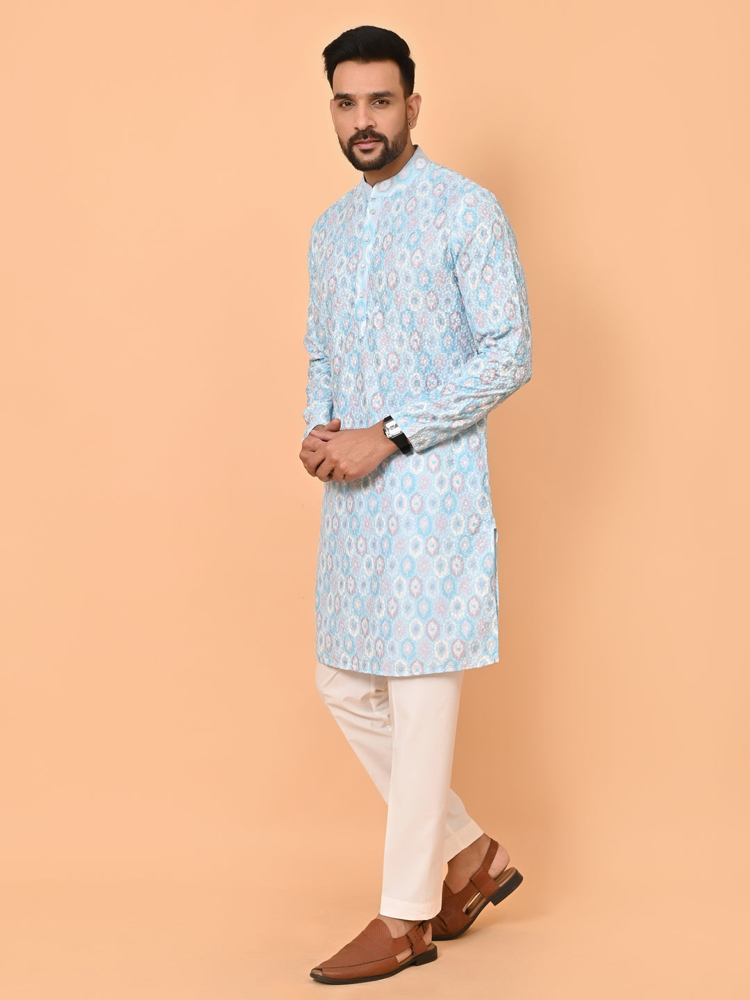 Printed Chikan Blue Kurta Set - KM38181-7