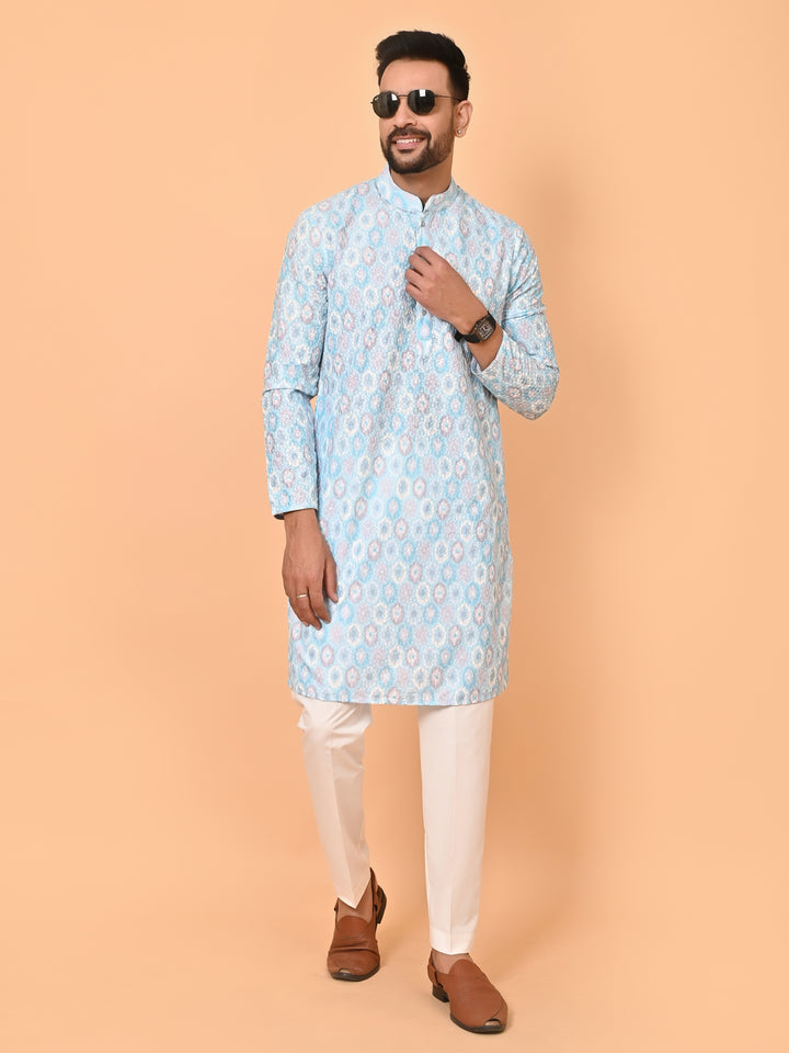 Printed Chikan Blue Kurta Set - KM38181-7