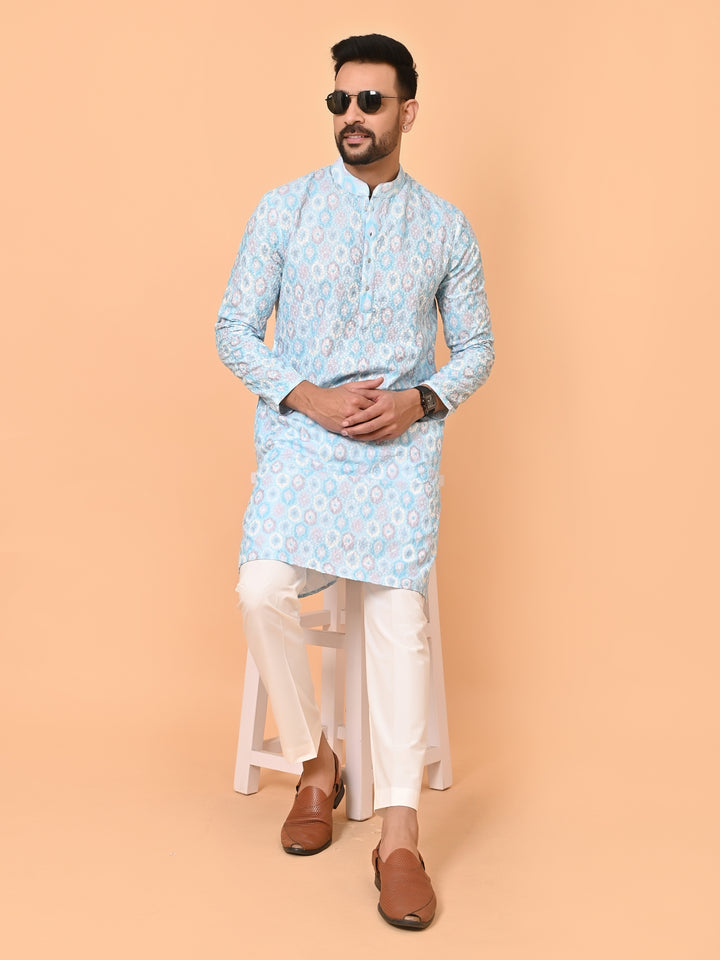 Printed Chikan Blue Kurta Set - KM38181-7