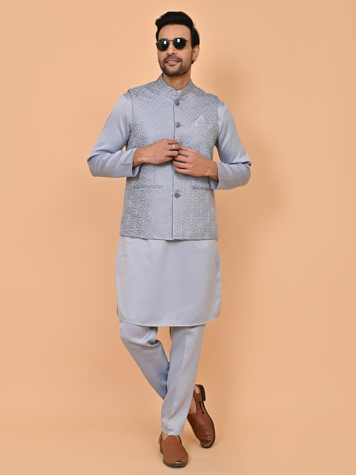 Floral Grey Jacket Kurta Set - JM43427-4