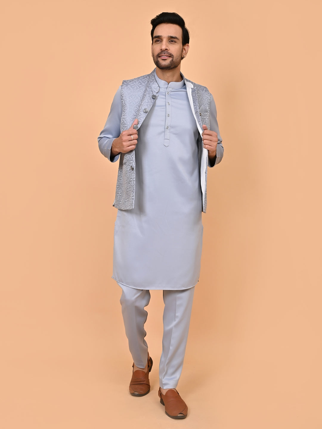 Floral Grey Jacket Kurta Set - JM43427-4