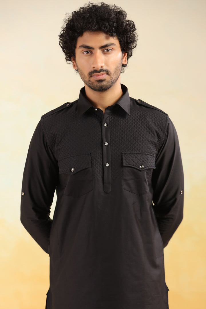 Checked Black Pathani Set - PS29666-1
