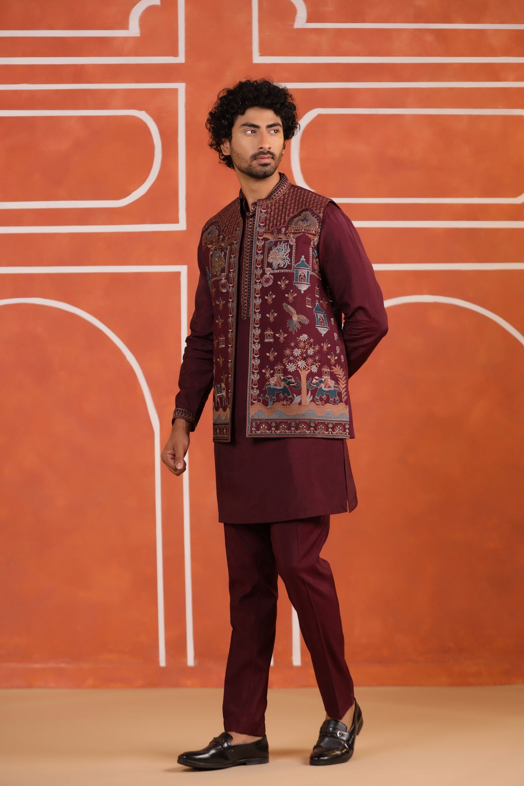 Ethnic Motifs Wine Jacket Kurta Set - JT43714-94