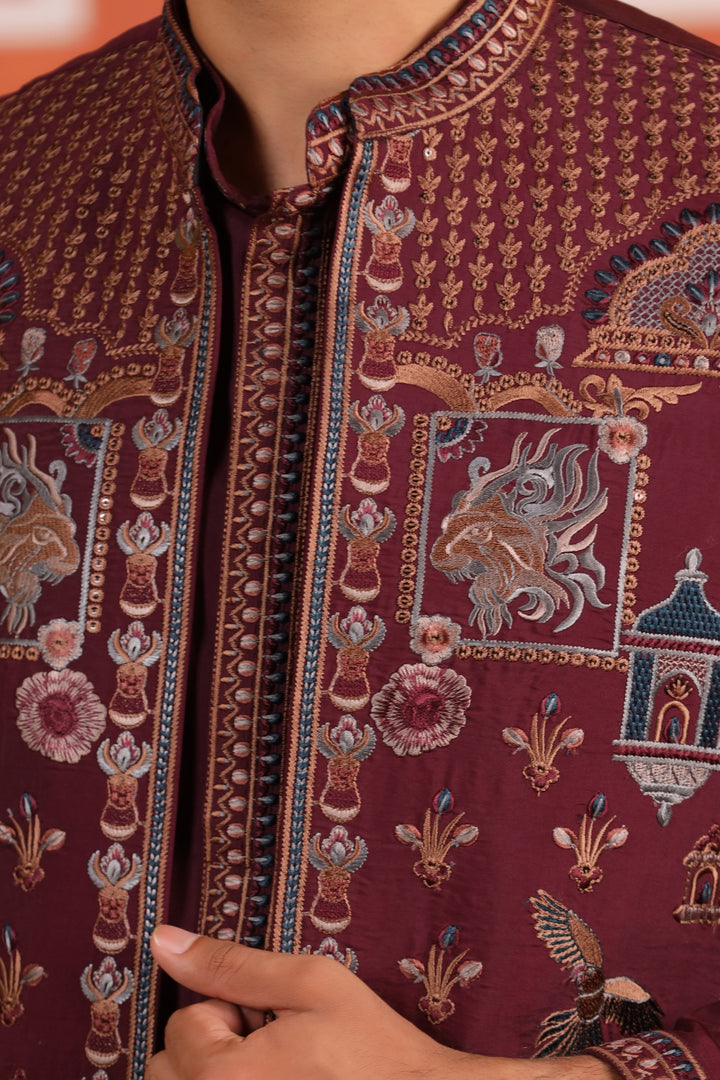 Ethnic Motifs Wine Jacket Kurta Set - JT43714-94