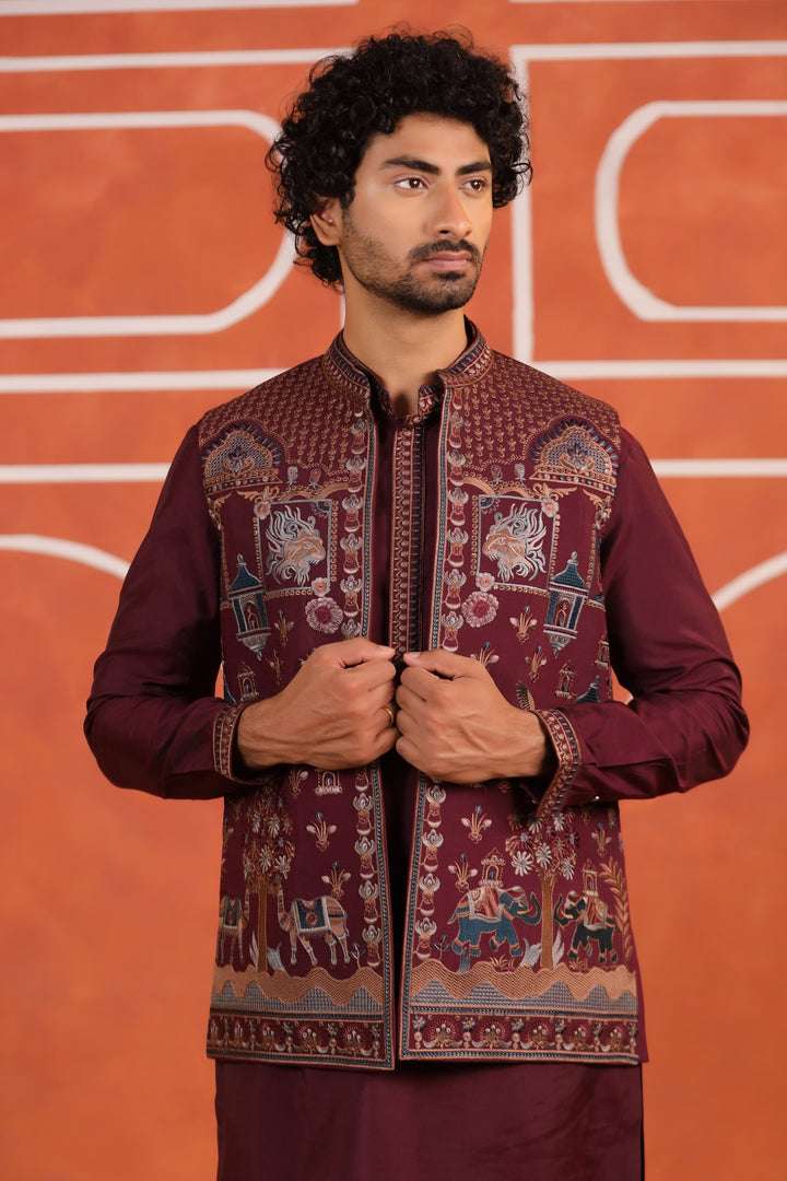 Ethnic Motifs Wine Jacket Kurta Set - JT43714-94