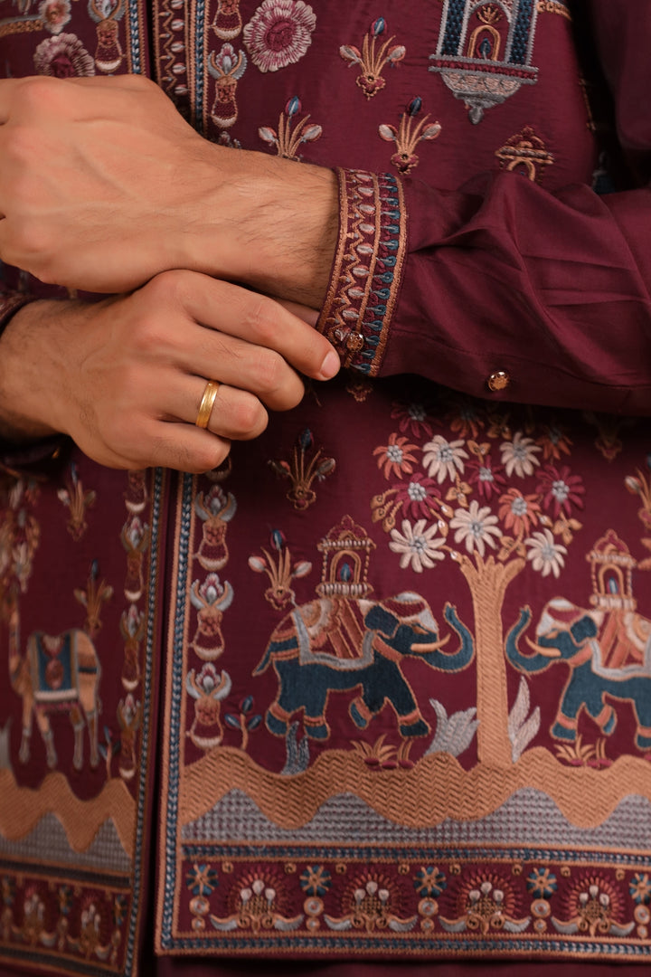 Ethnic Motifs Wine Jacket Kurta Set - JT43714-94