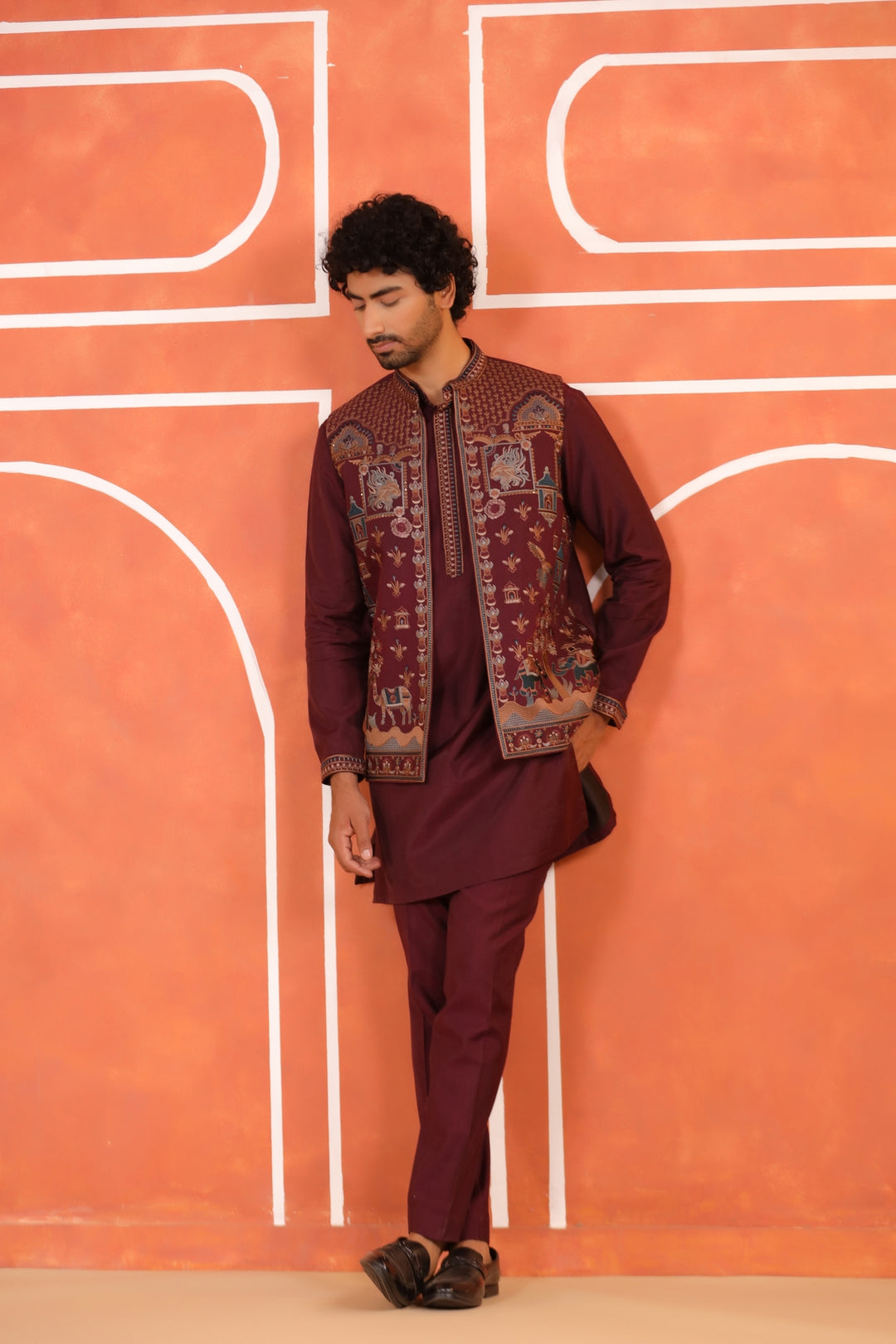 Ethnic Motifs Wine Jacket Kurta Set - JT43714-94