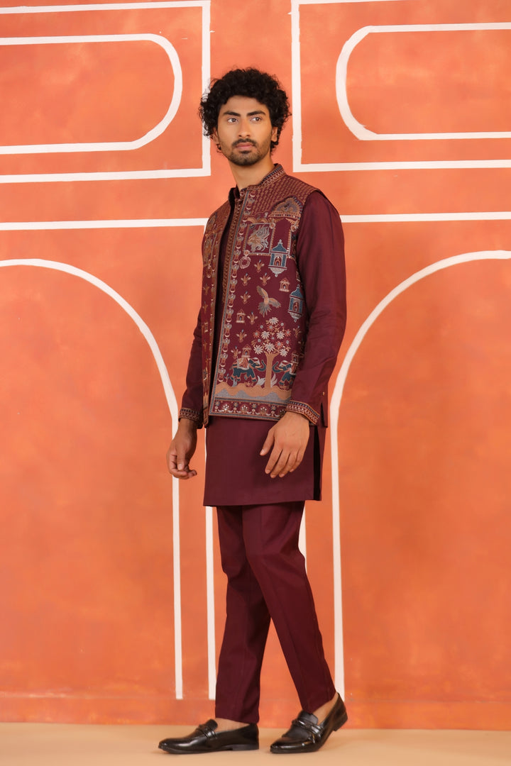 Ethnic Motifs Wine Jacket Kurta Set - JT43714-94