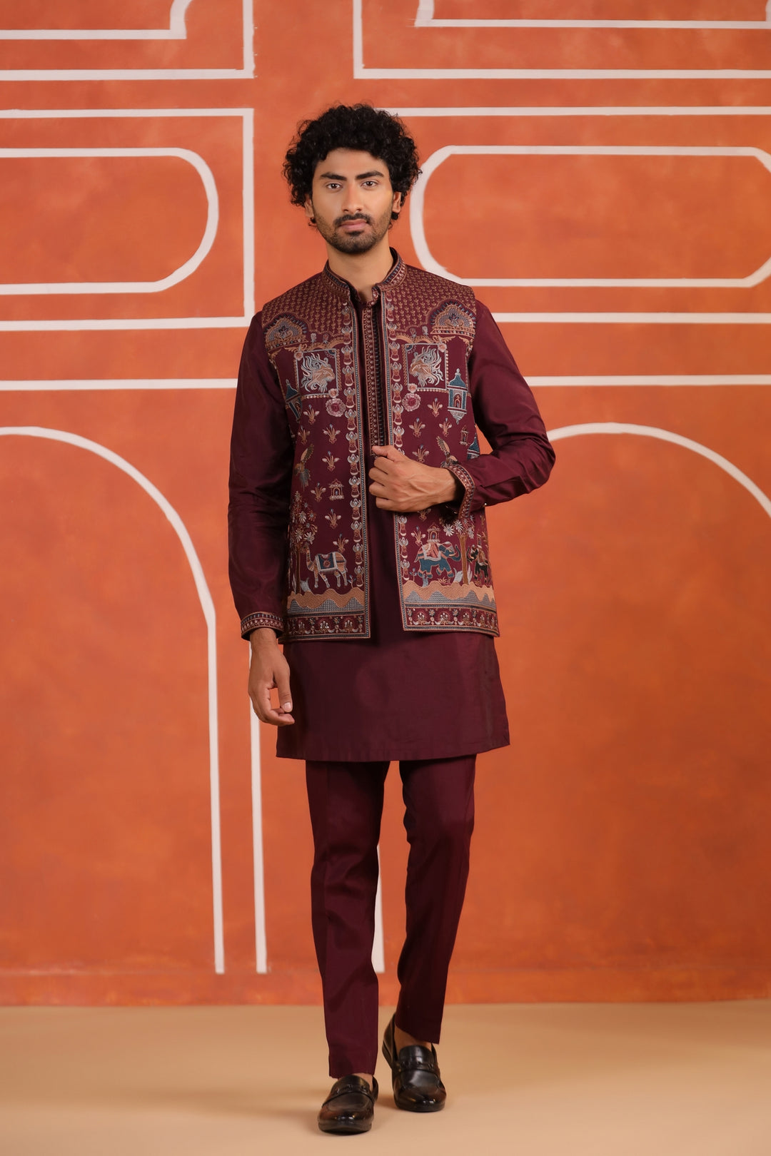 Ethnic Motifs Wine Jacket Kurta Set - JT43714-94