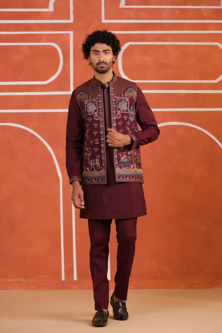 Ethnic Motifs Wine Jacket Kurta Set - JT43714-94