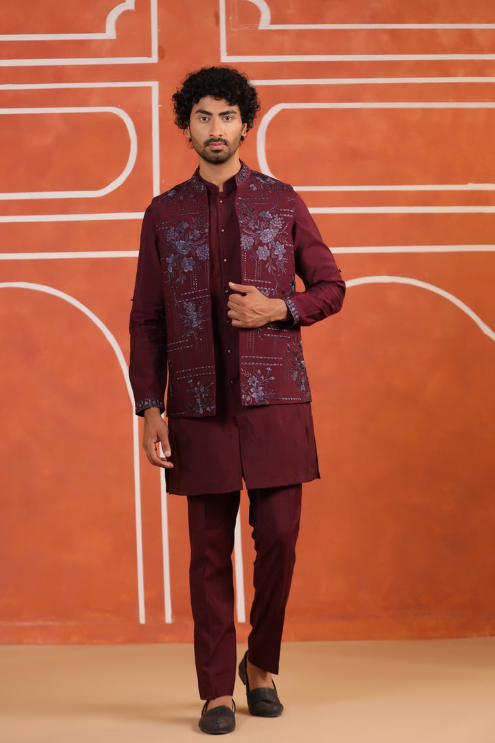 Floral Wine Jacket Kurta Set - JT43704-2