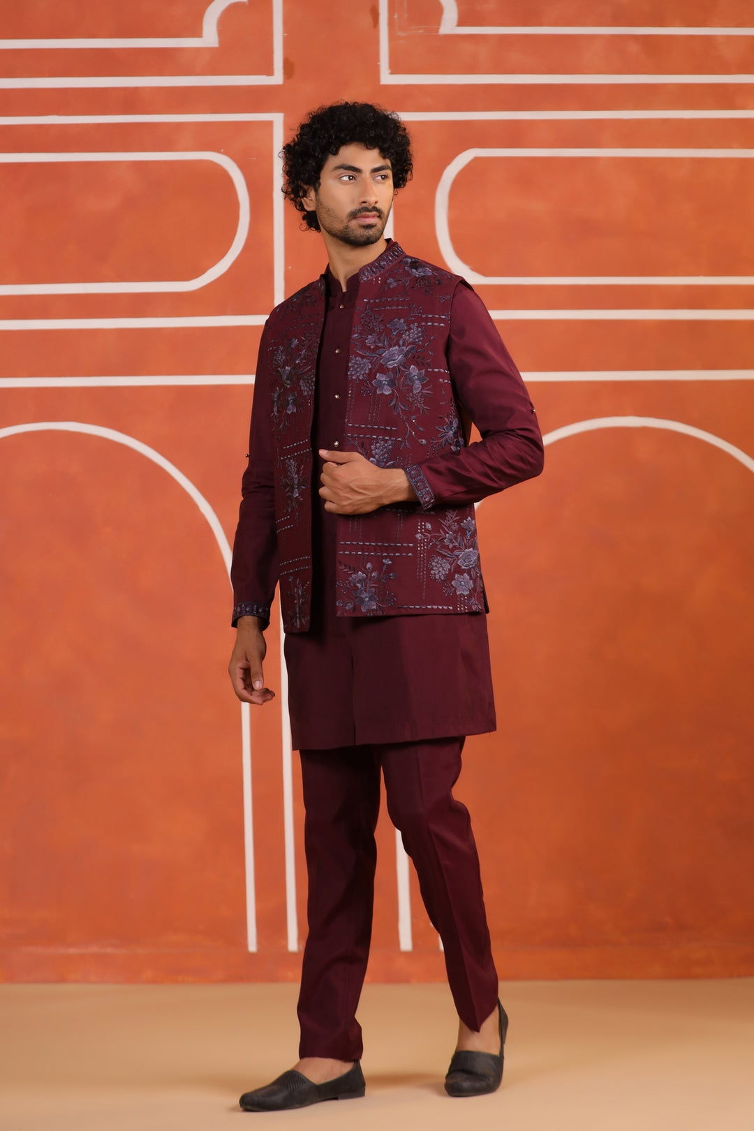 Floral Wine Jacket Kurta Set - JT43704-2