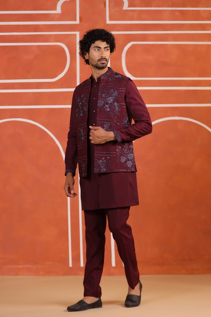 Floral Wine Jacket Kurta Set - JT43704-2