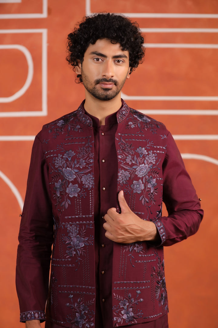 Floral Wine Jacket Kurta Set - JT43704-2