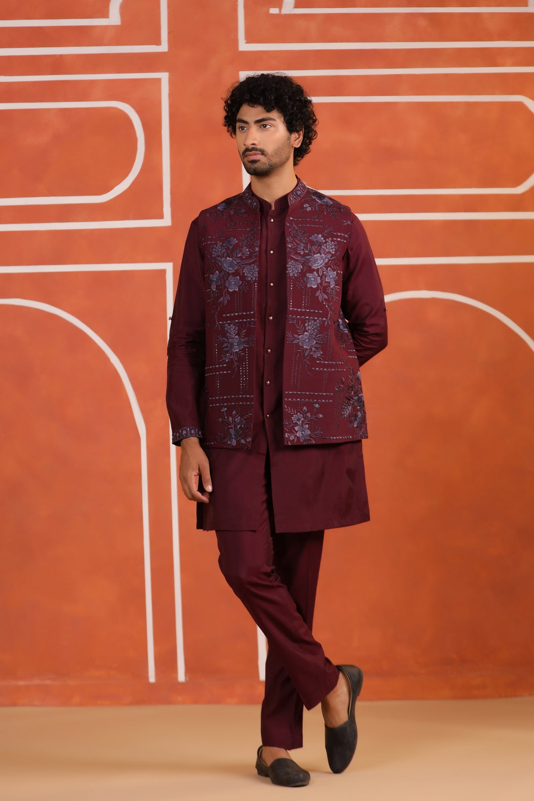 Floral Wine Jacket Kurta Set - JT43704-2