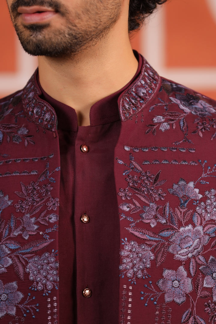 Floral Wine Jacket Kurta Set - JT43704-2