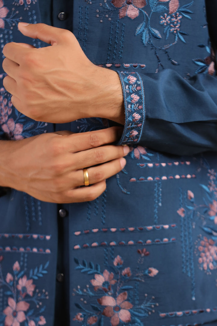 Floral Navy Blue Jacket Kurta Set - JT43704-1