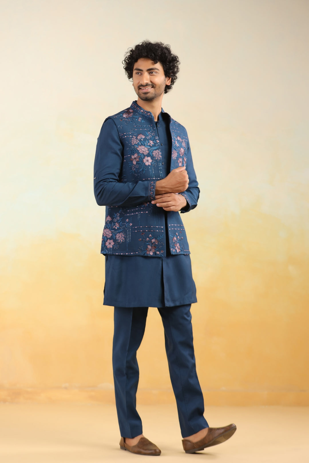 Floral Navy Blue Jacket Kurta Set - JT43704-1