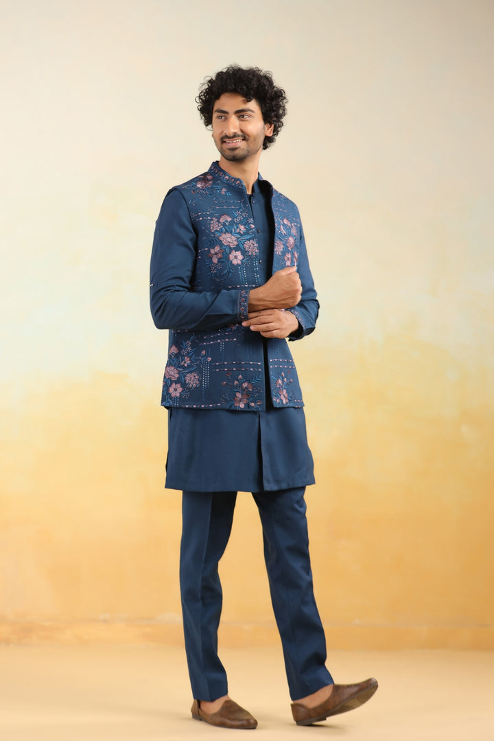 Floral Navy Blue Jacket Kurta Set - JT43704-1