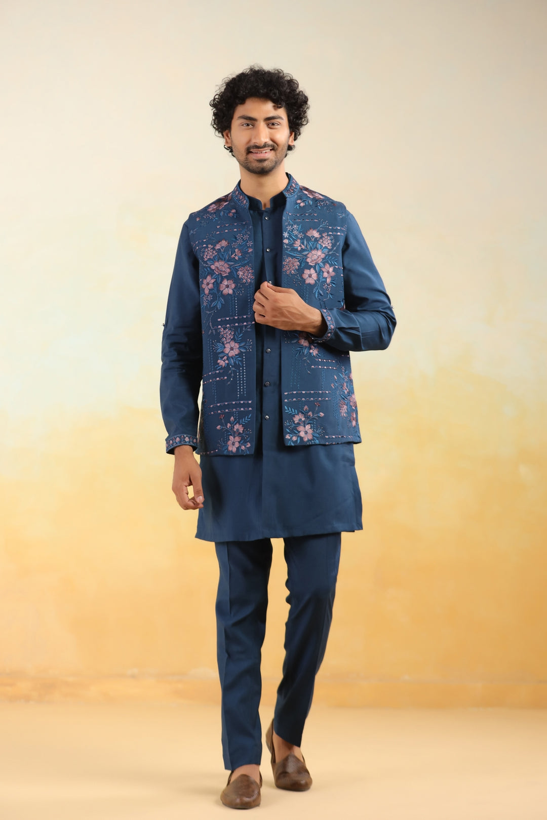 Floral Navy Blue Jacket Kurta Set - JT43704-1