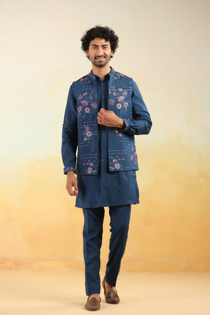 Floral Navy Blue Jacket Kurta Set - JT43704-1