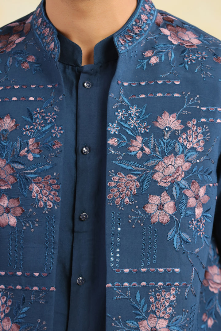 Floral Navy Blue Jacket Kurta Set - JT43704-1