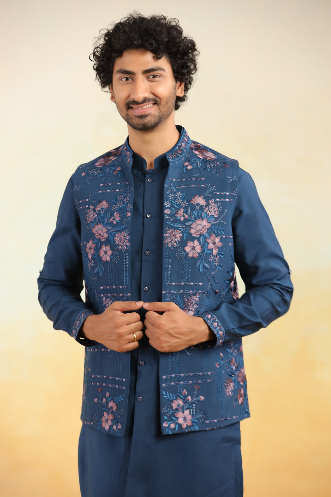 Floral Navy Blue Jacket Kurta Set - JT43704-1
