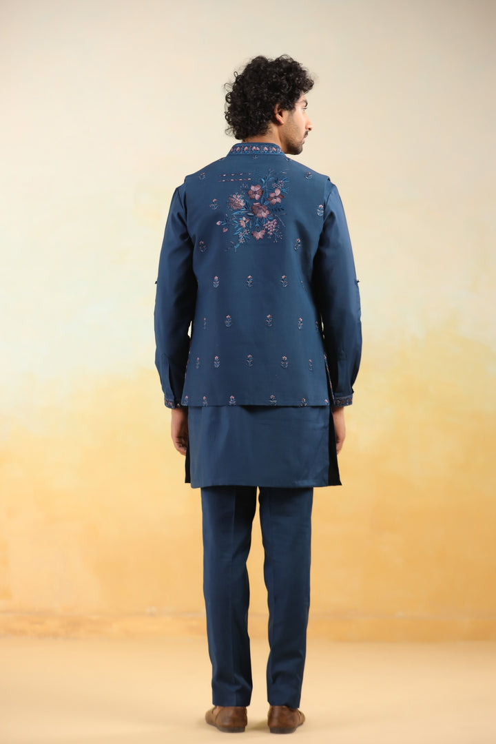 Floral Navy Blue Jacket Kurta Set - JT43704-1