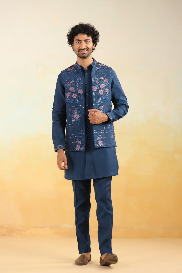 Floral Navy Blue Jacket Kurta Set - JT43704-1