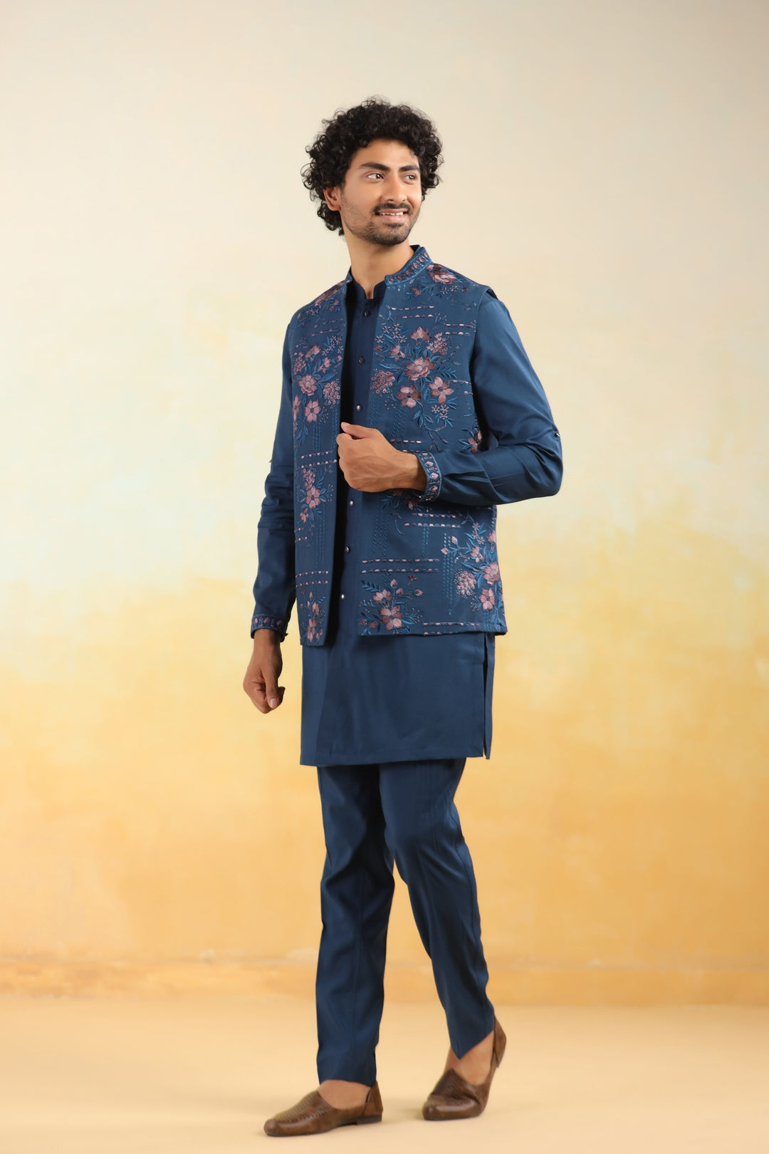 Floral Navy Blue Jacket Kurta Set - JT43704-1