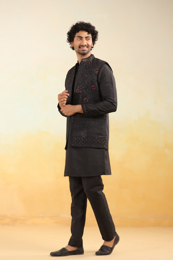Floral Black Jacket Kurta Set - JT43126-2027