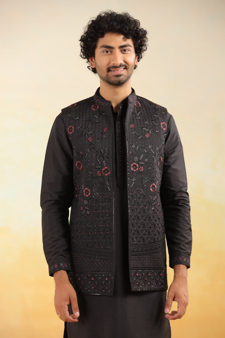 Floral Black Jacket Kurta Set - JT43126-2027