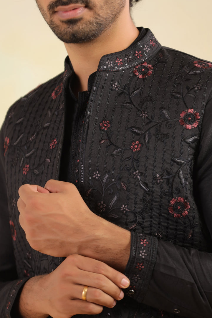 Floral Black Jacket Kurta Set - JT43126-2027