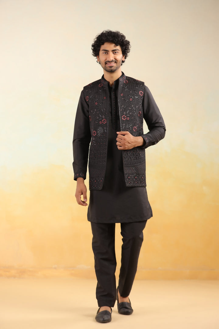 Floral Black Jacket Kurta Set - JT43126-2027