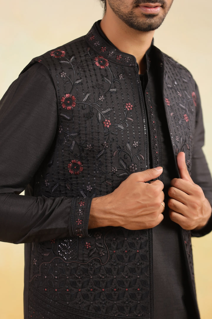 Floral Black Jacket Kurta Set - JT43126-2027