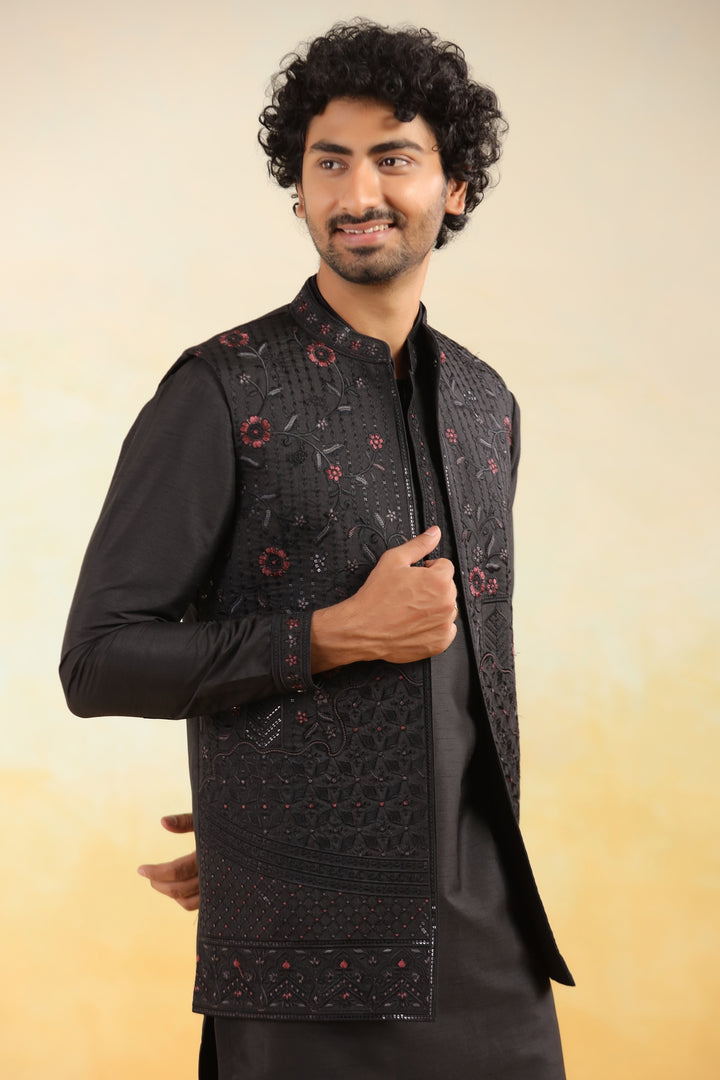 Floral Black Jacket Kurta Set - JT43126-2027