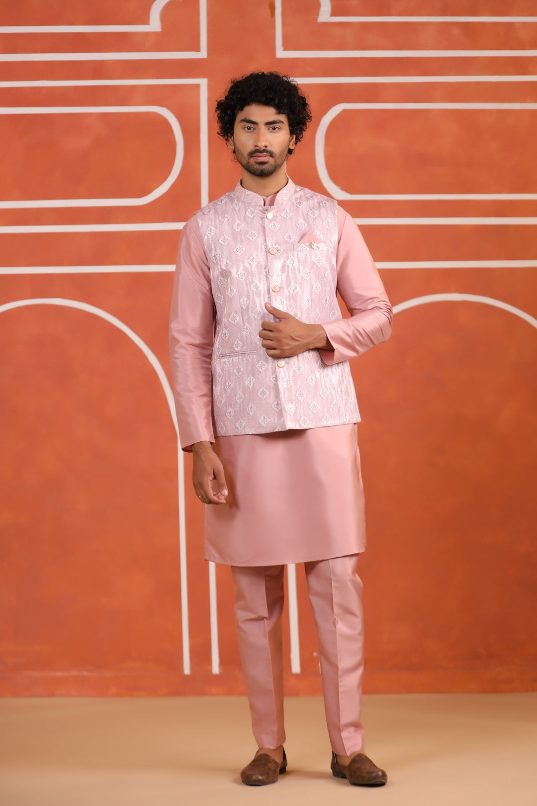 Geometric Pink Jacket Kurta Set - JM43426-2