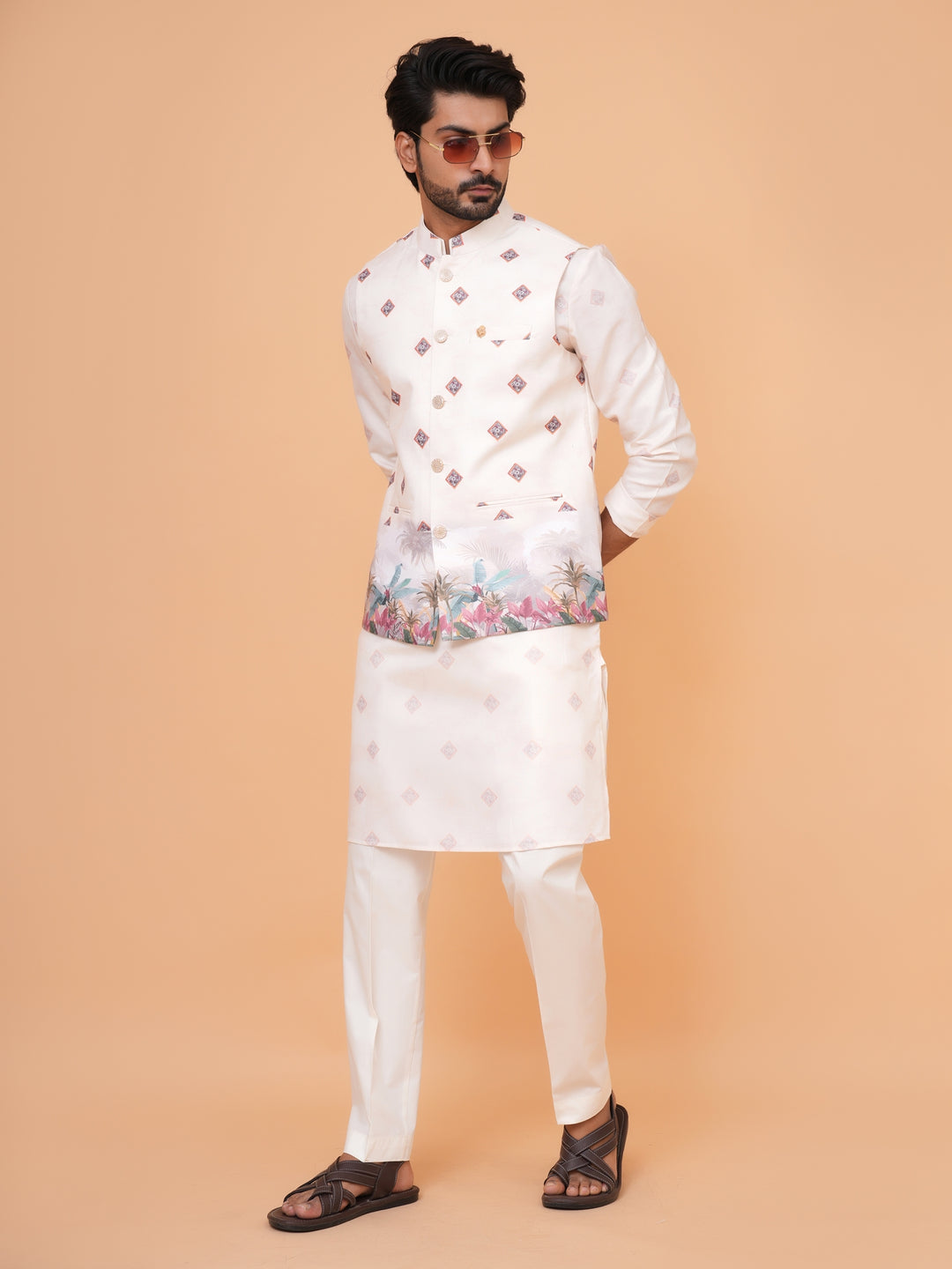 Digital Print Cream Jacket Kurta Set - JM43232-JK1