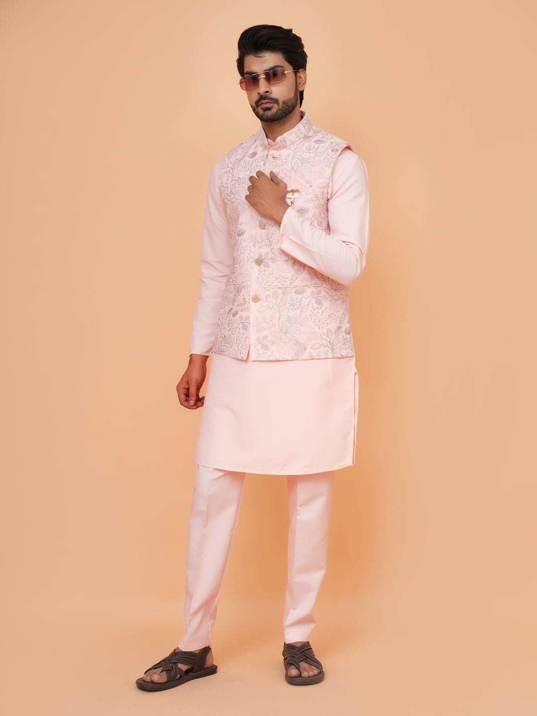 Leafs Pink Jacket Kurta Set - JM43456-1