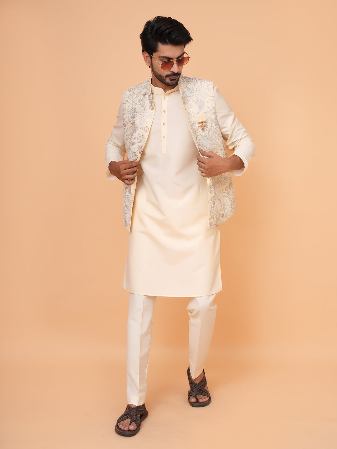 Leafs Yellow Jacket Kurta Set - JM43456-2