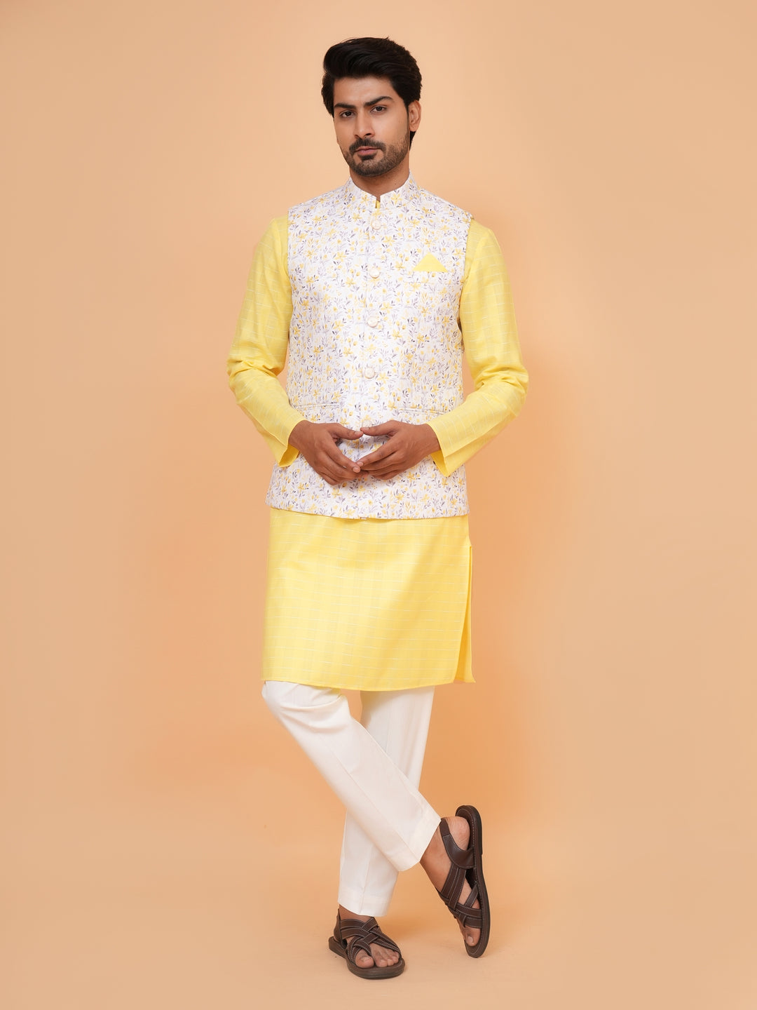 Floral Yellow Jacket Kurta Set - JM44315-3