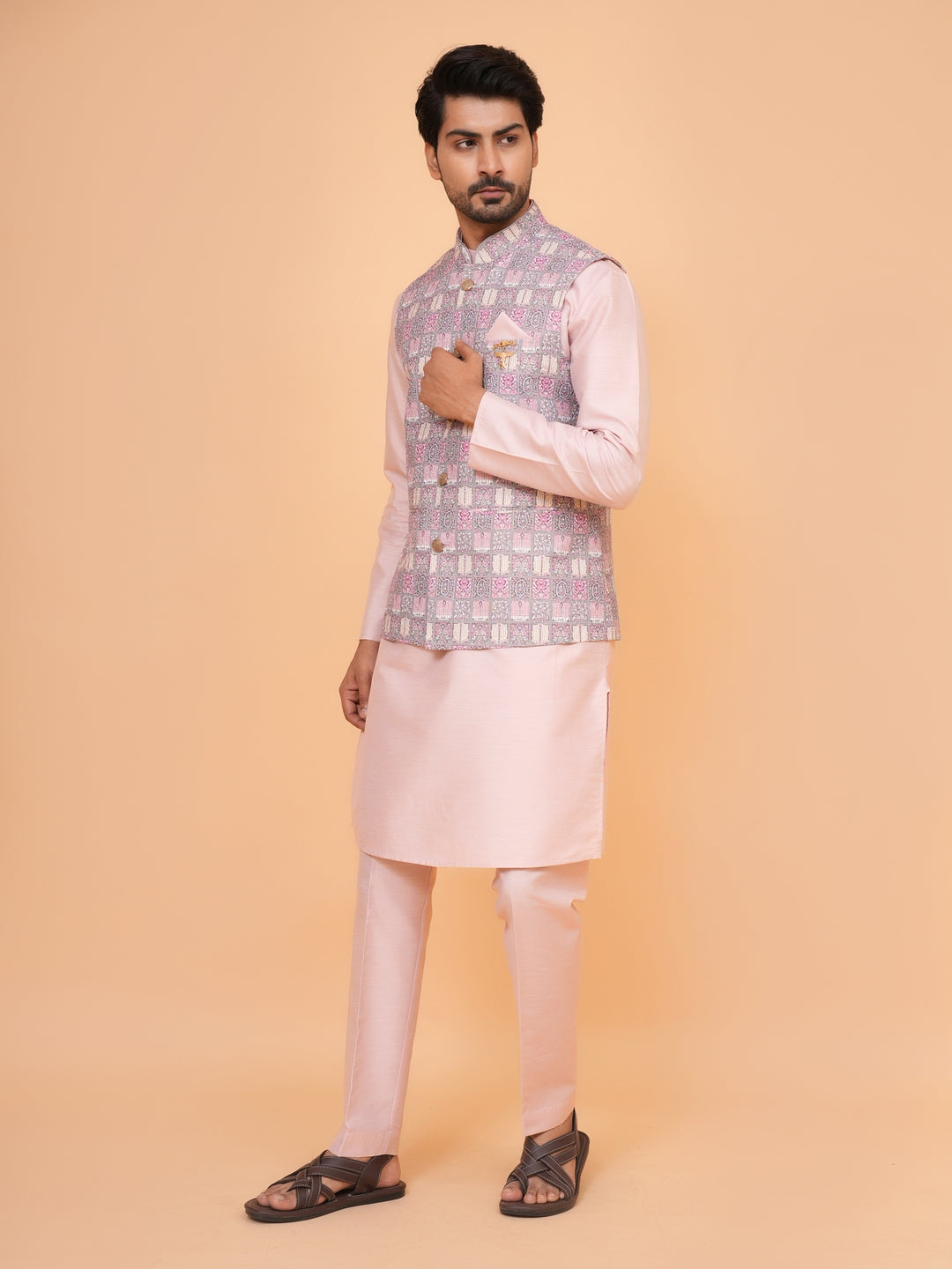 Checked Grey Jacket Kurta Set - JM43524-1469B
