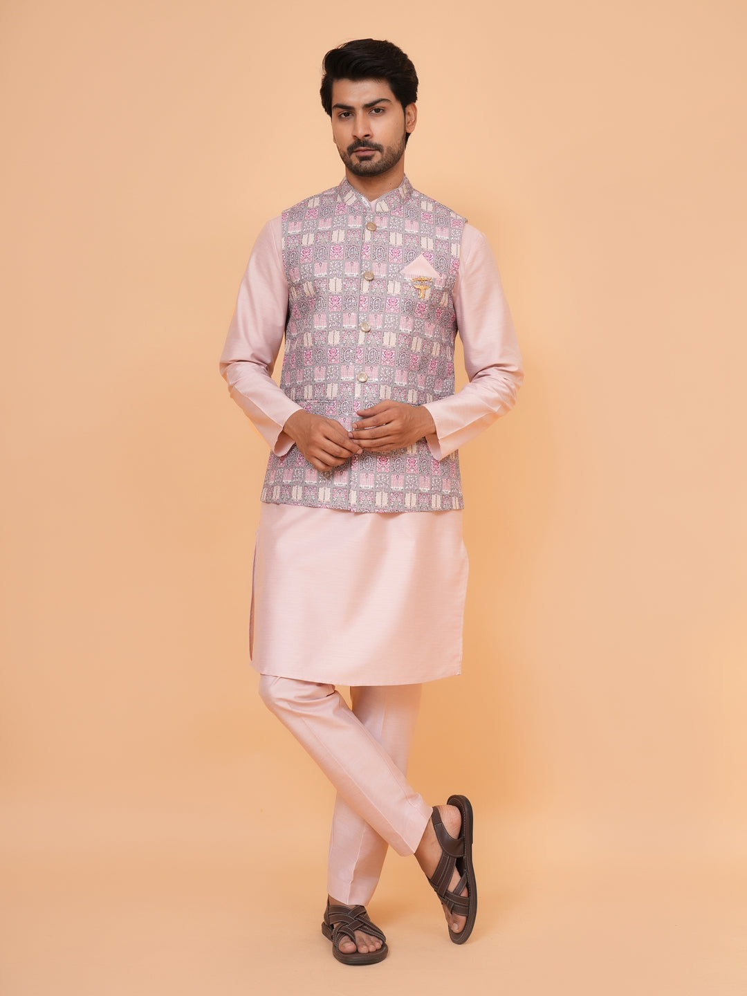 Checked Grey Jacket Kurta Set - JM43524-1469B