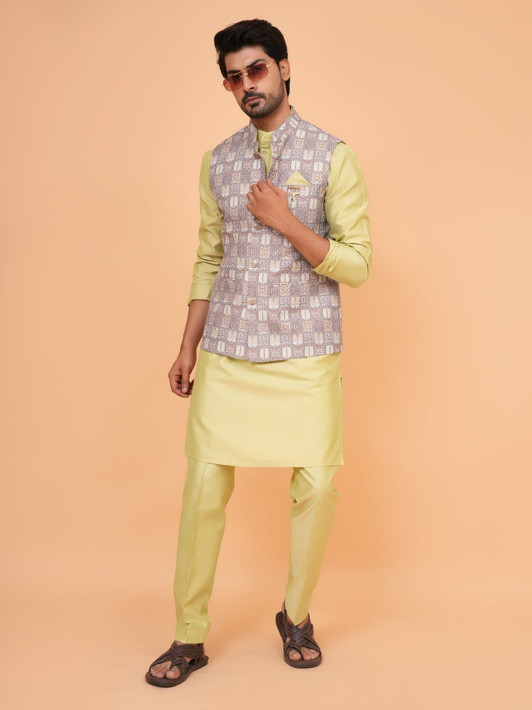 Checked Pista Jacket Kurta Set - JM43524-1469A